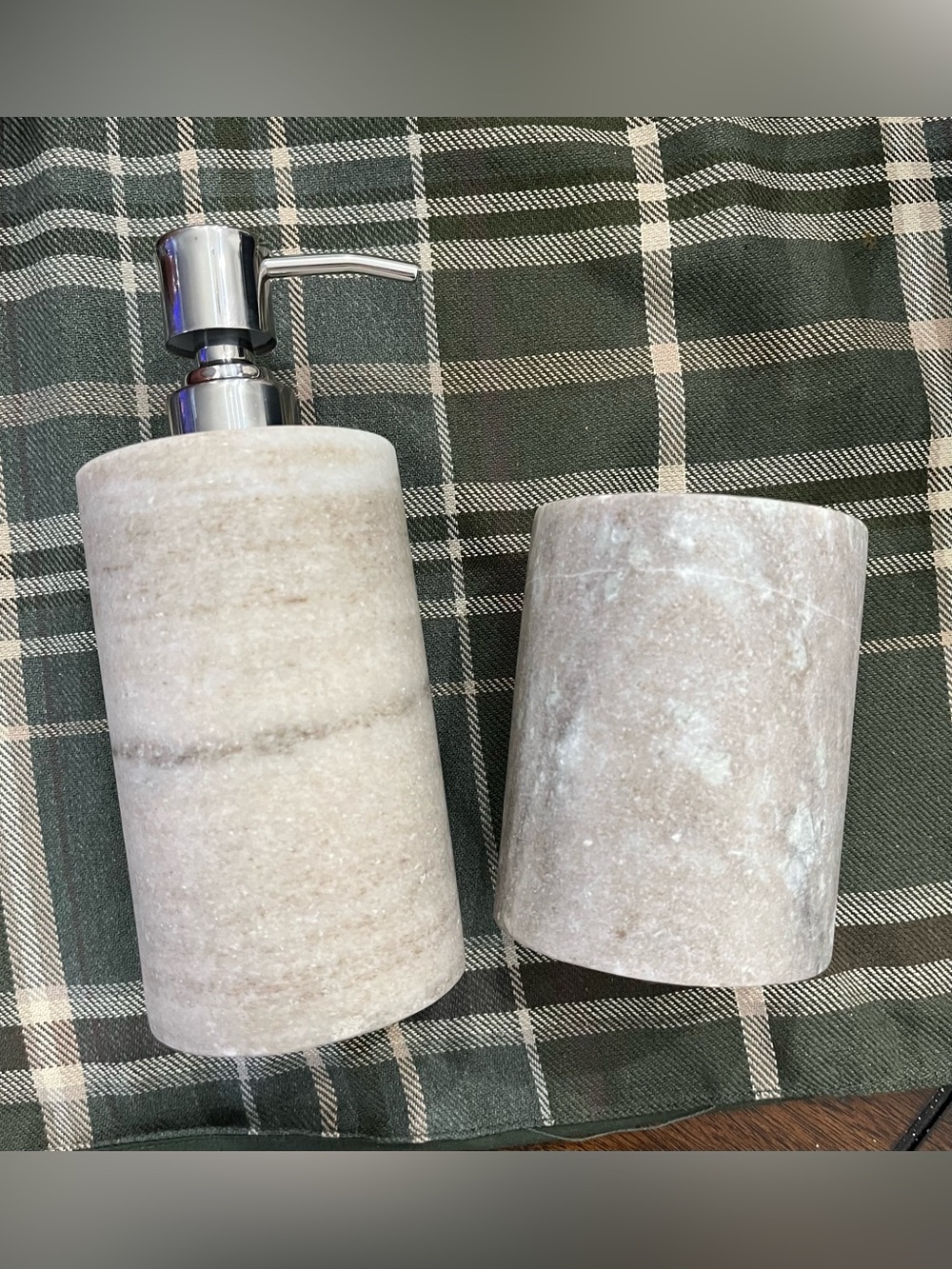 Crate & Barrel Tuscan Beige Marble Soap Dispenser and Tumbler Set
